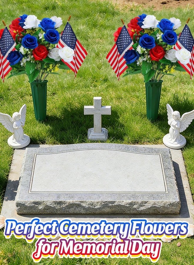 Acostop Memorial Day Cemetery Flowers for Grave - Weatherproof Red White Blue Bouquet with American Flags & Vase, Grave Decorations for Veterans Cemetery Headstones (2 Pack) - Image 5