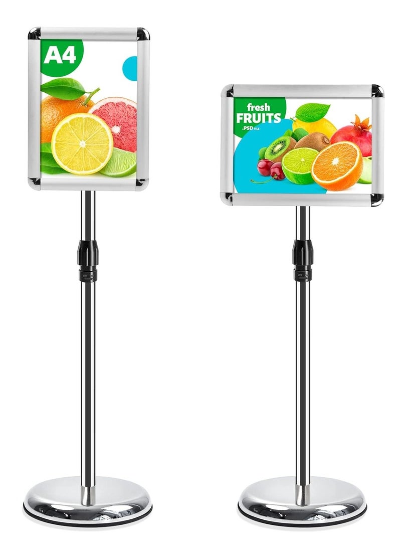 A4 Sign Stand Adjustable Poster Aluminum Snap Frame Menu Replaceable Advertising Rack Floor Display Stands with Safety Corner and Stable Round Base (Silver, A4) - Image 1
