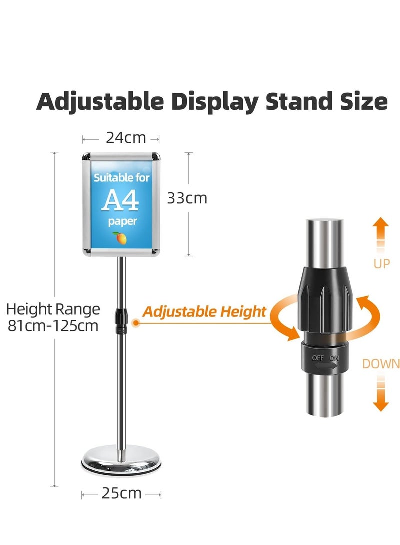 A4 Sign Stand Adjustable Poster Aluminum Snap Frame Menu Replaceable Advertising Rack Floor Display Stands with Safety Corner and Stable Round Base (Silver, A4) - Image 4