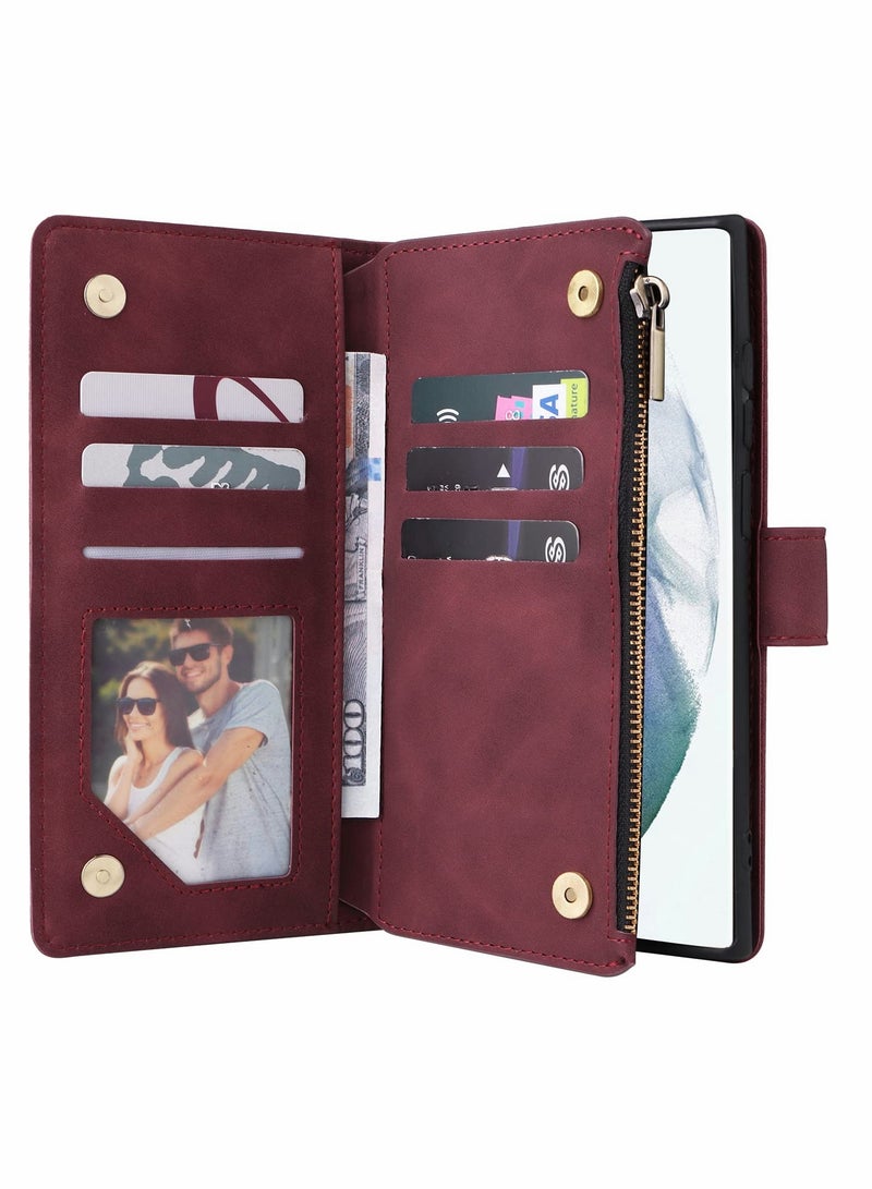 SYOSI Phone Case Wallet with Card Slots for Samsung Galaxy S22 Ultra, Soft PU Leather Zipper with Wrist Strap Flip Phone Protective Cover, 2 in 1 Phone Case (Wine Red- 6.8") - Image 2
