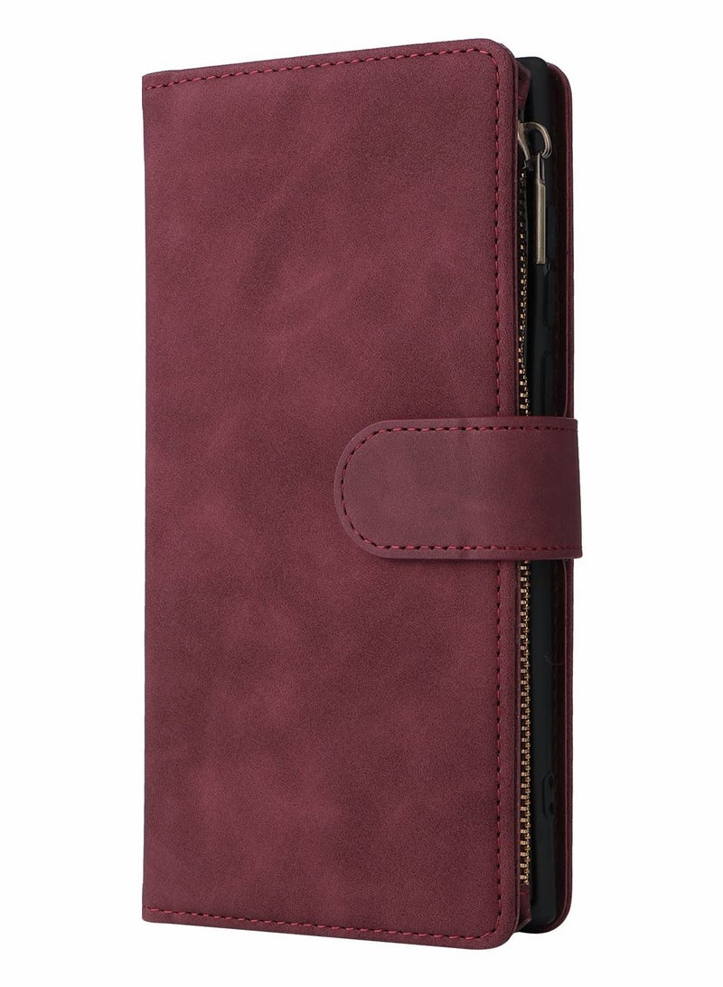 SYOSI Phone Case Wallet with Card Slots for Samsung Galaxy S22 Ultra, Soft PU Leather Zipper with Wrist Strap Flip Phone Protective Cover, 2 in 1 Phone Case (Wine Red- 6.8") - Image 5