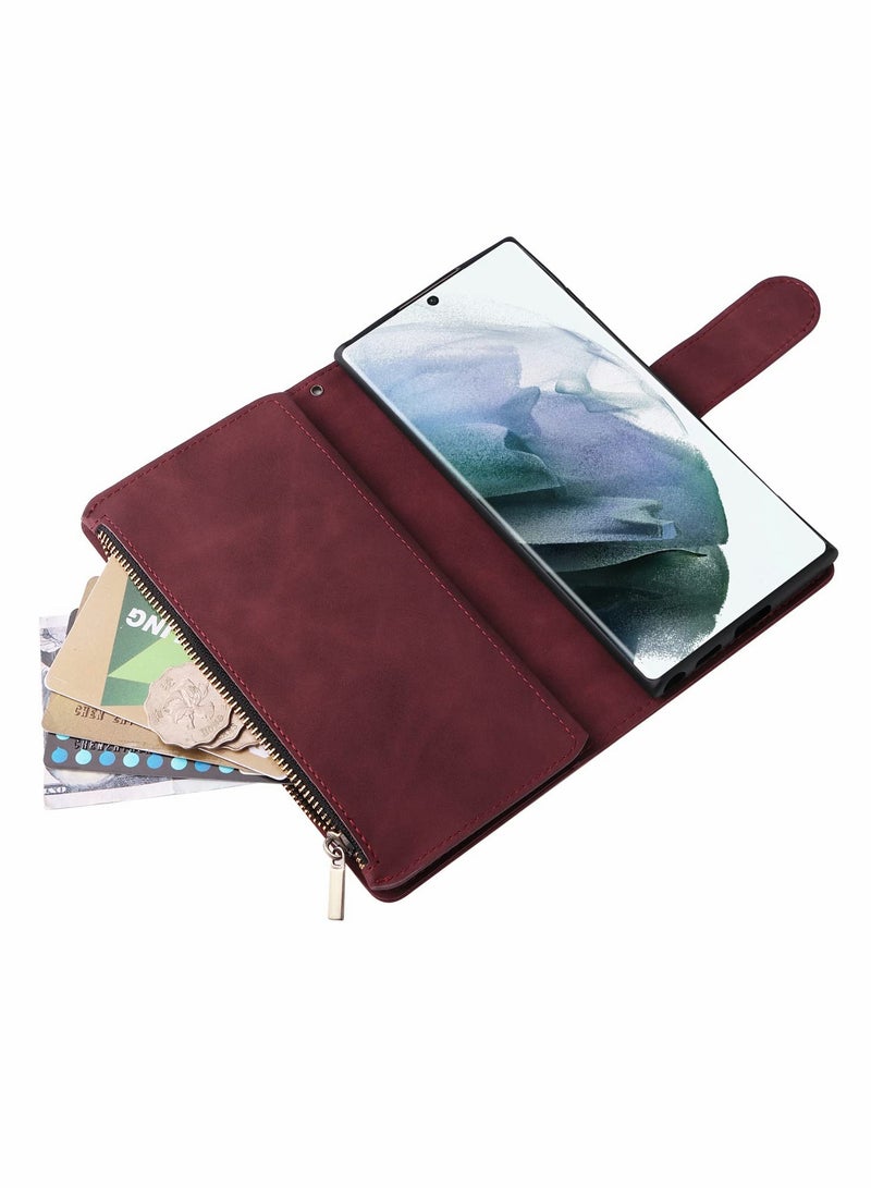 SYOSI Phone Case Wallet with Card Slots for Samsung Galaxy S22 Ultra, Soft PU Leather Zipper with Wrist Strap Flip Phone Protective Cover, 2 in 1 Phone Case (Wine Red- 6.8") - Image 3