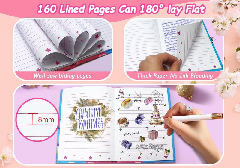 GINMLYDA Diary with Lock, 7x5.25 Inches 160 Lined Pages Secret Pink Notebook Journal with Lock School Writing Drawing - Image 4
