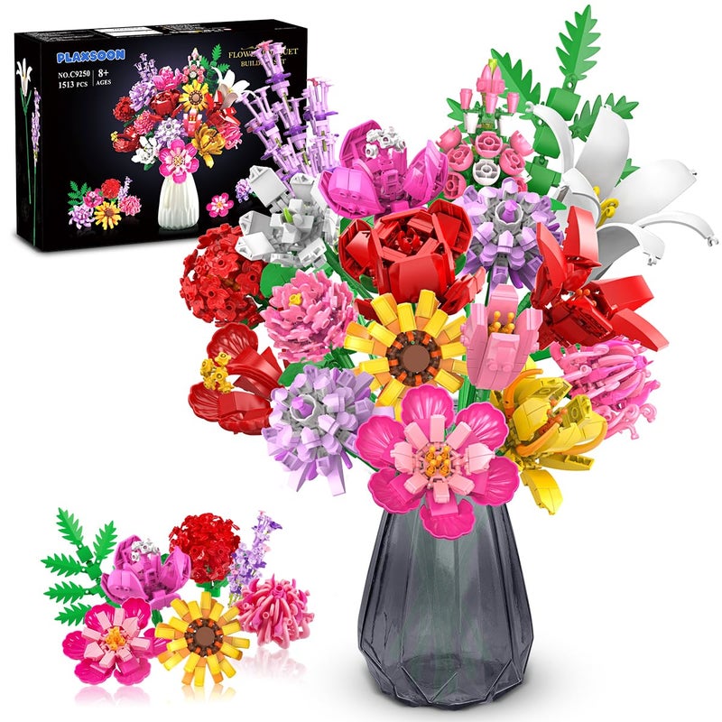 PLAXSOON Flower Bouquet Building Set Valentines Day Botanical Collection Building Block Toy 1464 PCS 18 Flowers Rose Sunflower Home Plant Decor Birthday Gifts for Adults Women Boys Girls 812 - Image 2