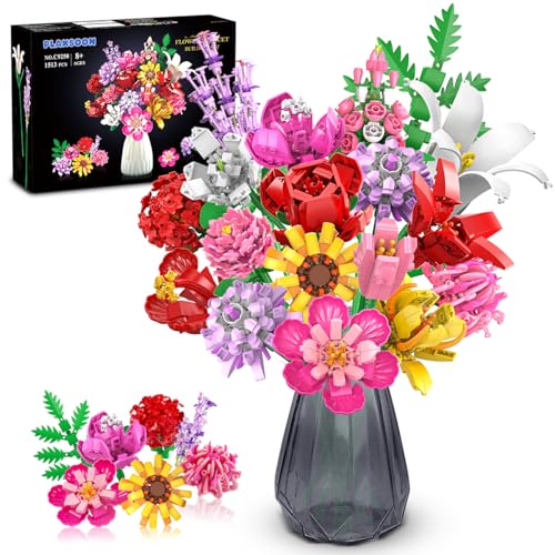 PLAXSOON Flower Bouquet Building Set Valentines Day Botanical Collection Building Block Toy 1464 PCS 18 Flowers Rose Sunflower Home Plant Decor Birthday Gifts for Adults Women Boys Girls 812 - Image 1