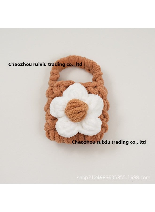 Pink Cute Cyber Red Bear Lion Wake Flower Plush Hand-woven Drop-resistant Headphone Bag Bluetooth Headphone Protective Cover Finished Product-Color:Brown White Flower  - Image 1