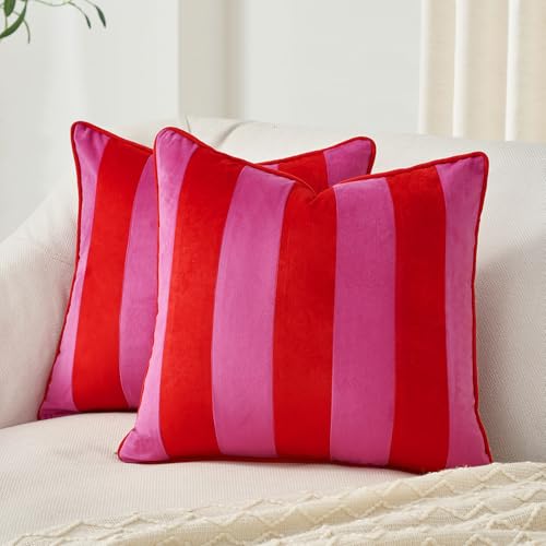 MONDAY MOOSE Decorative Throw Pillow Covers Cushion Cases, Set of 2 Soft Velvet Striped Piping Edge Designs, Pillow Inserts Not Included (20x20 inch, Hot Pink/Red) - Image 2