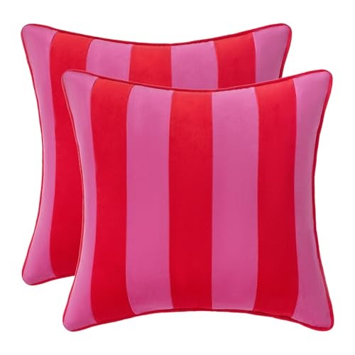 MONDAY MOOSE Decorative Throw Pillow Covers Cushion Cases, Set of 2 Soft Velvet Striped Piping Edge Designs, Pillow Inserts Not Included (20x20 inch, Hot Pink/Red) - Image 1