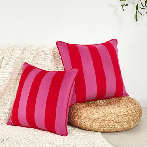 MONDAY MOOSE Decorative Throw Pillow Covers Cushion Cases, Set of 2 Soft Velvet Striped Piping Edge Designs, Pillow Inserts Not Included (20x20 inch, Hot Pink/Red) - Image 3
