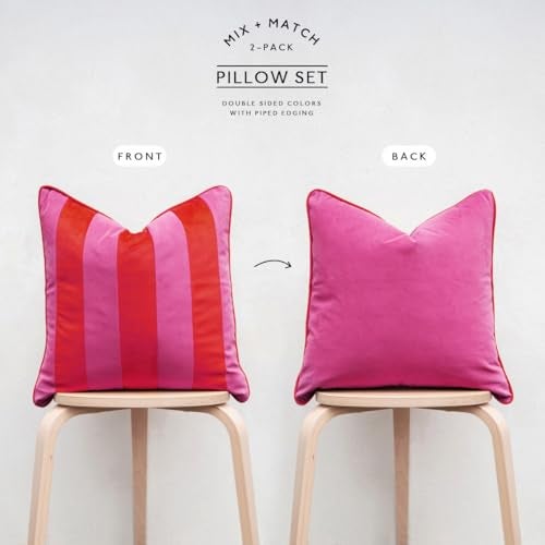 MONDAY MOOSE Decorative Throw Pillow Covers Cushion Cases, Set of 2 Soft Velvet Striped Piping Edge Designs, Pillow Inserts Not Included (20x20 inch, Hot Pink/Red) - Image 4