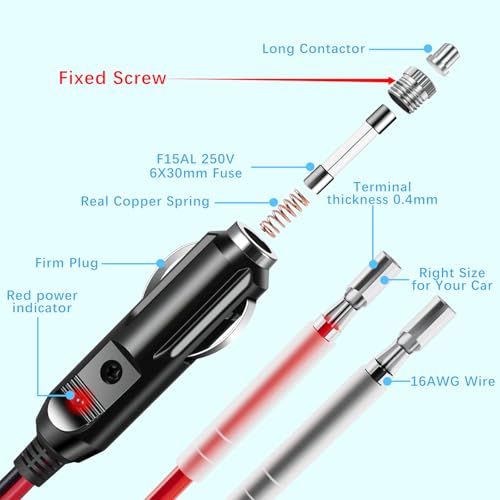 YONHAN Cigarette Lighter Male Plug 12V Fused Replacement 2 Pack, Male Cigarette Lighter Plug Adapter with Leads & LED Light, 12v Plug Connector Socket 1FT 16AWG Extension Cable with 15A Fuse - Image 3