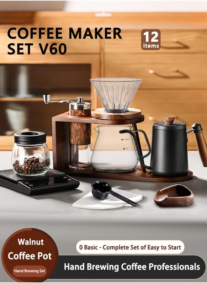 طقم قهوة بالتنقيط V60 مع صانعة قهوة 11 قطعة مع حامل أنيق ، وعاء قهوة 600 مل ، فلتر تنقيط خشبي V60 حامل ملحقات و 100 مصفاة بيضاء 