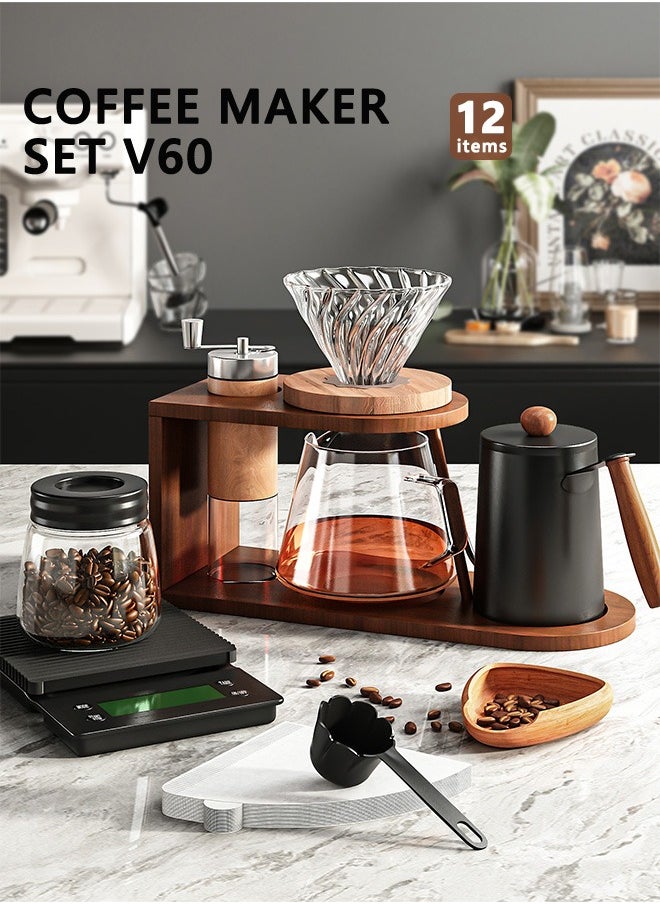 Bolivia's V60 Drip coffee set With Pour Over coffee maker 11 pcs set with Stylish Holder, 600ml Server, Wooden dripper V60 Accessories Holder Stand & 100pcs White Filter 