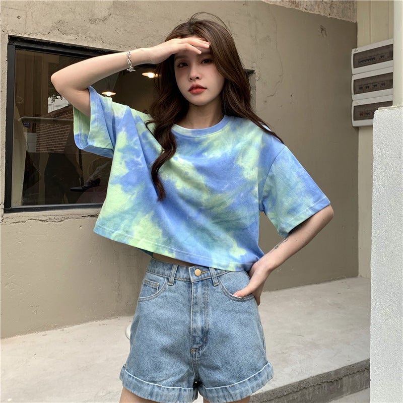 Tie-Dye Short-Sleeved T-Shirt for Women Summer 2025 New Design Niche Navel-Baring Short Sexy Tops Ins Trend - Image 1