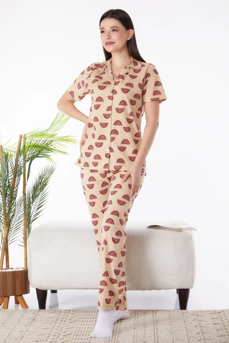 Tofisa Plain Shirt Collar Women's Beige Pajama Set - 25270