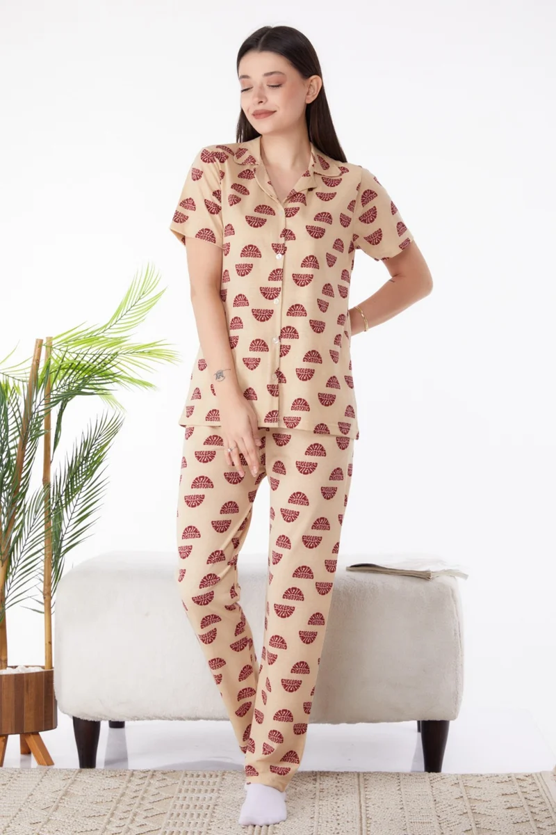 Tofisa Plain Shirt Collar Women's Beige Pajama Set - 25270