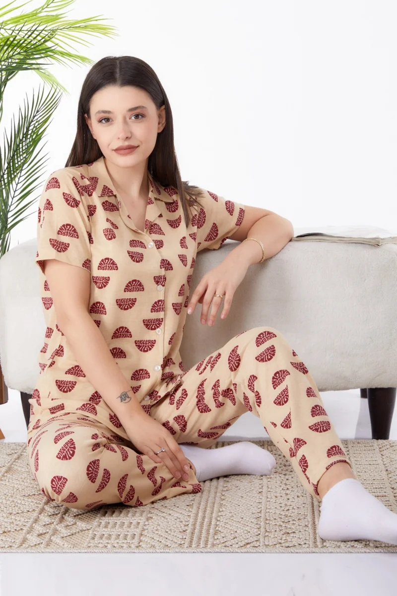 Tofisa Plain Shirt Collar Women's Beige Pajama Set - 25270