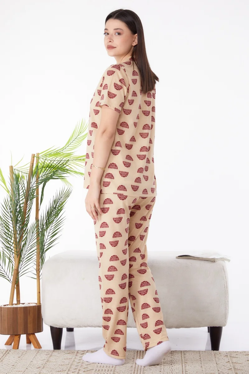 Tofisa Plain Shirt Collar Women's Beige Pajama Set - 25270
