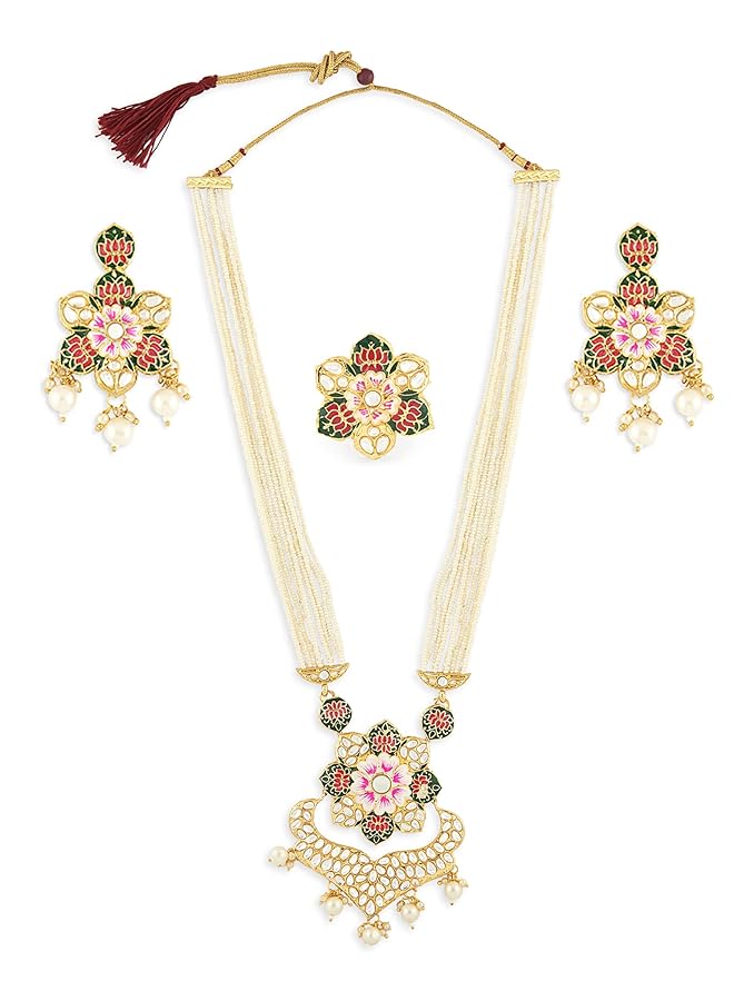 erorex Multicolor Meenakari Lotus Design Multistrand Pearls Long Necklace Earring And Ring Set For Women Zpfk13429  - Image 1
