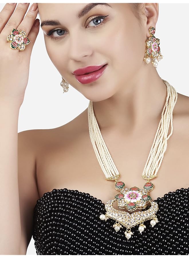 erorex Multicolor Meenakari Lotus Design Multistrand Pearls Long Necklace Earring And Ring Set For Women Zpfk13429  - Image 3
