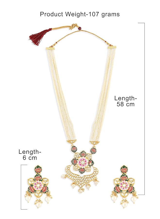 erorex Multicolor Meenakari Lotus Design Multistrand Pearls Long Necklace Earring And Ring Set For Women Zpfk13429  - Image 5
