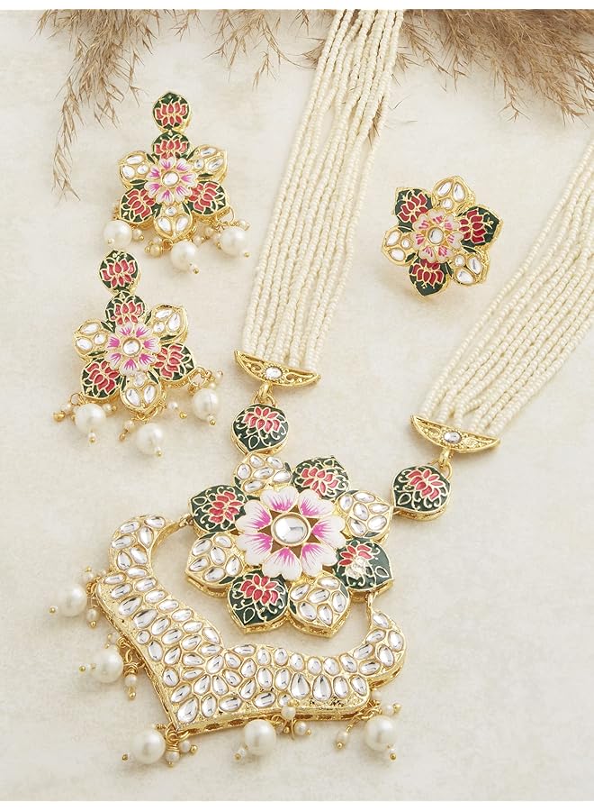 erorex Multicolor Meenakari Lotus Design Multistrand Pearls Long Necklace Earring And Ring Set For Women Zpfk13429  - Image 2
