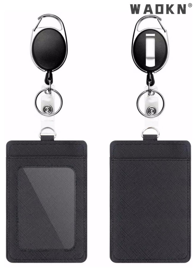 WAOKN Badge Holders, 2 Pack Heavy Duty Retractable Reel Clips Set with Carabiner Reel Clip, Upgraded Retractable Badge Reel X 2 and Vertical Leather ID Card Holder X 2, Black  - Image 1