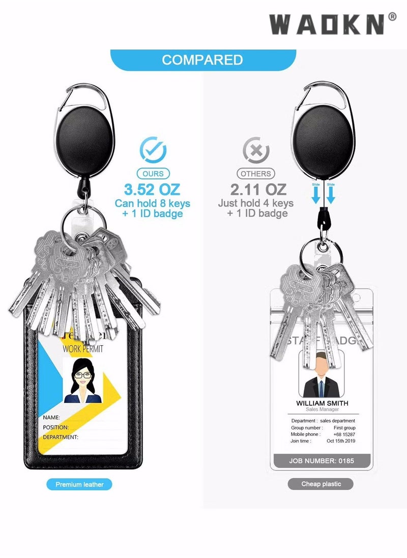 WAOKN Badge Holders, 2 Pack Heavy Duty Retractable Reel Clips Set with Carabiner Reel Clip, Upgraded Retractable Badge Reel X 2 and Vertical Leather ID Card Holder X 2, Black  - Image 4