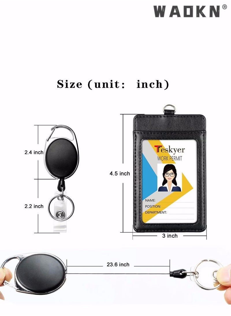 WAOKN Badge Holders, 2 Pack Heavy Duty Retractable Reel Clips Set with Carabiner Reel Clip, Upgraded Retractable Badge Reel X 2 and Vertical Leather ID Card Holder X 2, Black  - Image 3