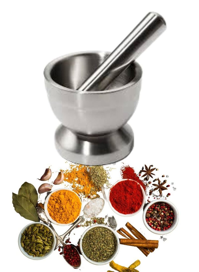 Biki Silver 304 Stainless Steel Mortar With Pest Easily Crush spices,Medicine Pills Tablets Vitamins to Fine Powder for Adults - Image 1