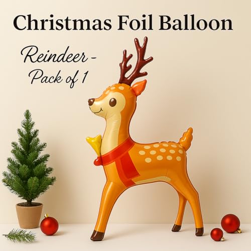 AMFIN (Pack of 1) Christmas Reindeer Foil Balloon 42 inch Large Standing Deer Balloon for Christmas Party Decorations | Festive Reindeer Balloon with Antlers & Scarf – Cute Xmas Décor - Image 2