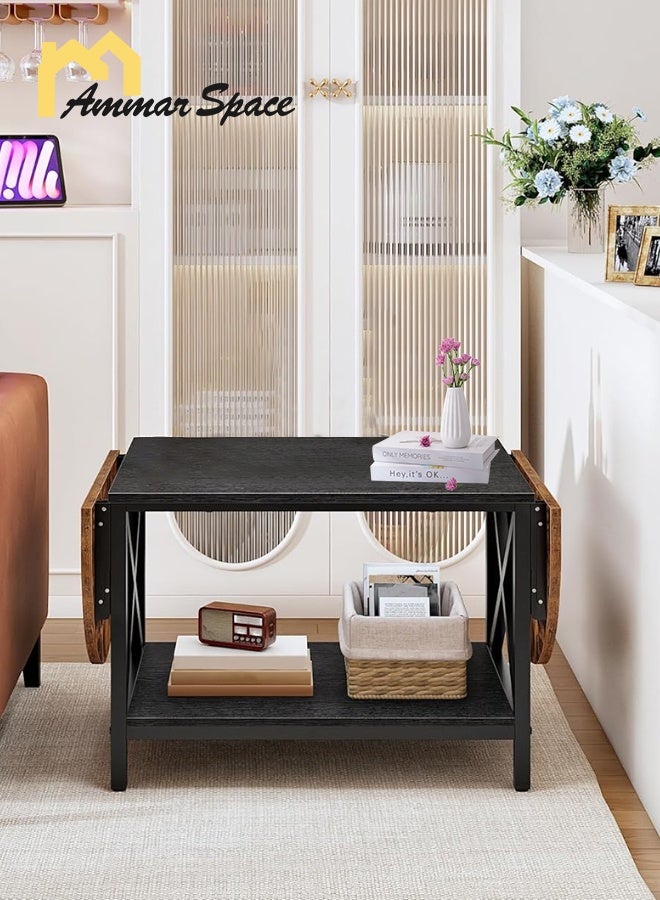 مساحة عمار طاولة قهوة قابلة للطي، طاولة قهوة قابلة للتمديد من مستويين، طاولة مركزية عتيقة مع ورقتين قابلتين للسحب، مع رف تخزين، لغرفة المعيشة، غرفة النوم، الشرفة، لون بني ريفي وأسود، 120×50×47 سم - Image 3