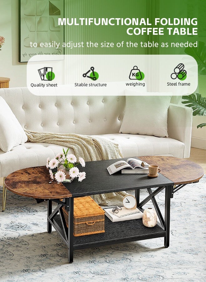 مساحة عمار طاولة قهوة قابلة للطي، طاولة قهوة قابلة للتمديد من مستويين، طاولة مركزية عتيقة مع ورقتين قابلتين للسحب، مع رف تخزين، لغرفة المعيشة، غرفة النوم، الشرفة، لون بني ريفي وأسود، 120×50×47 سم - Image 5