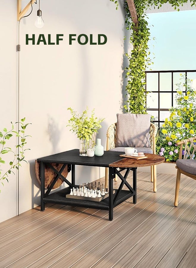 مساحة عمار طاولة قهوة قابلة للطي، طاولة قهوة قابلة للتمديد من مستويين، طاولة مركزية عتيقة مع ورقتين قابلتين للسحب، مع رف تخزين، لغرفة المعيشة، غرفة النوم، الشرفة، لون بني ريفي وأسود، 120×50×47 سم - Image 4