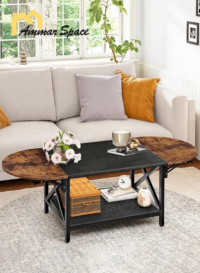 مساحة عمار طاولة قهوة قابلة للطي، طاولة قهوة قابلة للتمديد من مستويين، طاولة مركزية عتيقة مع ورقتين قابلتين للسحب، مع رف تخزين، لغرفة المعيشة، غرفة النوم، الشرفة، لون بني ريفي وأسود، 120×50×47 سم - Image 2