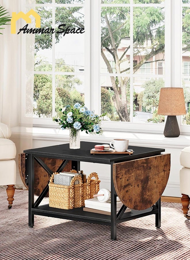 مساحة عمار طاولة قهوة قابلة للطي، طاولة قهوة قابلة للتمديد من مستويين، طاولة مركزية عتيقة مع ورقتين قابلتين للسحب، مع رف تخزين، لغرفة المعيشة، غرفة النوم، الشرفة، لون بني ريفي وأسود، 120×50×47 سم - Image 1