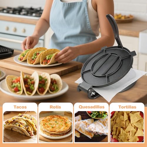 NSIRONS Cast Iron Tortilla Press 12 inch, Heavy Duty Tortilla Pataconera, Flour Tortilla Press with Foldable Handle, Taco press with Some Parchment Paper, Roti Maker, Black - Image 4