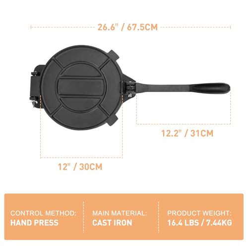NSIRONS Cast Iron Tortilla Press 12 inch, Heavy Duty Tortilla Pataconera, Flour Tortilla Press with Foldable Handle, Taco press with Some Parchment Paper, Roti Maker, Black - Image 2