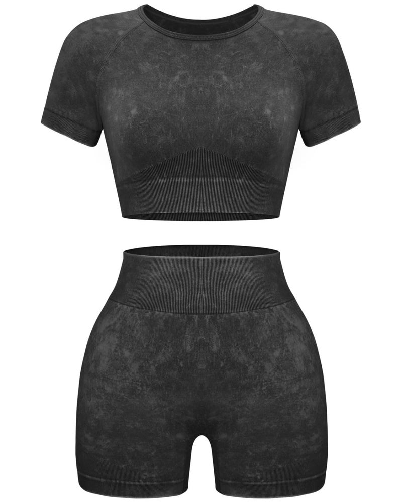 OLCHEE Womens Workout Sets 2 Piece - Seamless Acid Wash Yoga Outfits Leggings Shorts and Crop Top Matching Gym Activewear Athletic Clothing Set - Black Large - Image 1