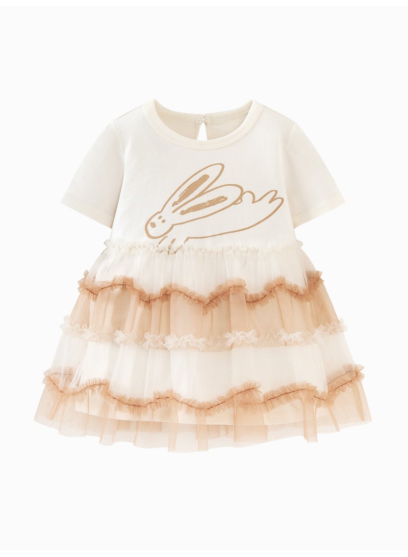 ميني بالا فستان بناتي رائع بأكمام قصيرة، مصنوع من نسيج قطني ناعم قابل للتنفس، تنورة من التول متعدد الطبقات، مطبوع عليه أرنب، فتحة خلفية مع زر للإغلاق، مثالي للعب اليومي وحفلات أعياد الميلاد والنزهات غير الرسمية. - Image 4