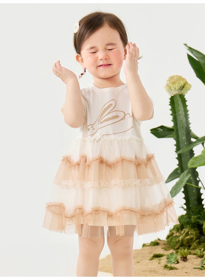 ميني بالا فستان بناتي رائع بأكمام قصيرة، مصنوع من نسيج قطني ناعم قابل للتنفس، تنورة من التول متعدد الطبقات، مطبوع عليه أرنب، فتحة خلفية مع زر للإغلاق، مثالي للعب اليومي وحفلات أعياد الميلاد والنزهات غير الرسمية. - Image 1