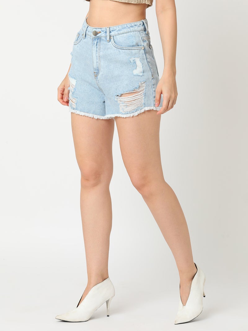 globus Globus Women Mid Rise Washed Distressed Denim Shorts  - Image 2