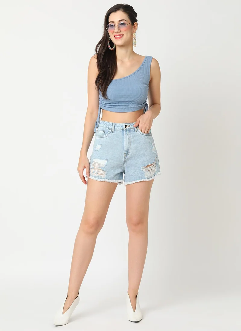 جلو باص شورت جينز نسائي بقصة متوسطة وخصر مغسول بتصميم ممزق من جلوبس