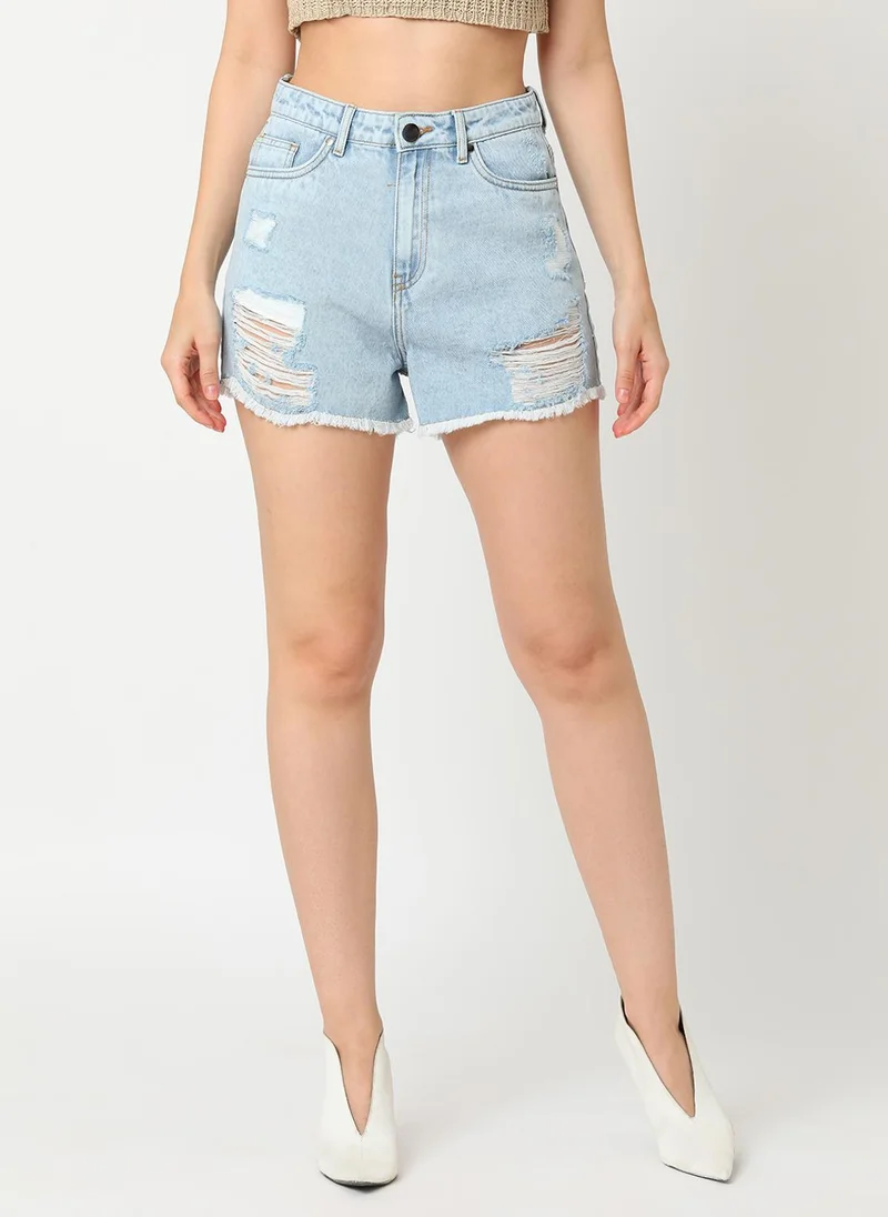 globus Globus Women Mid Rise Washed Distressed Denim Shorts