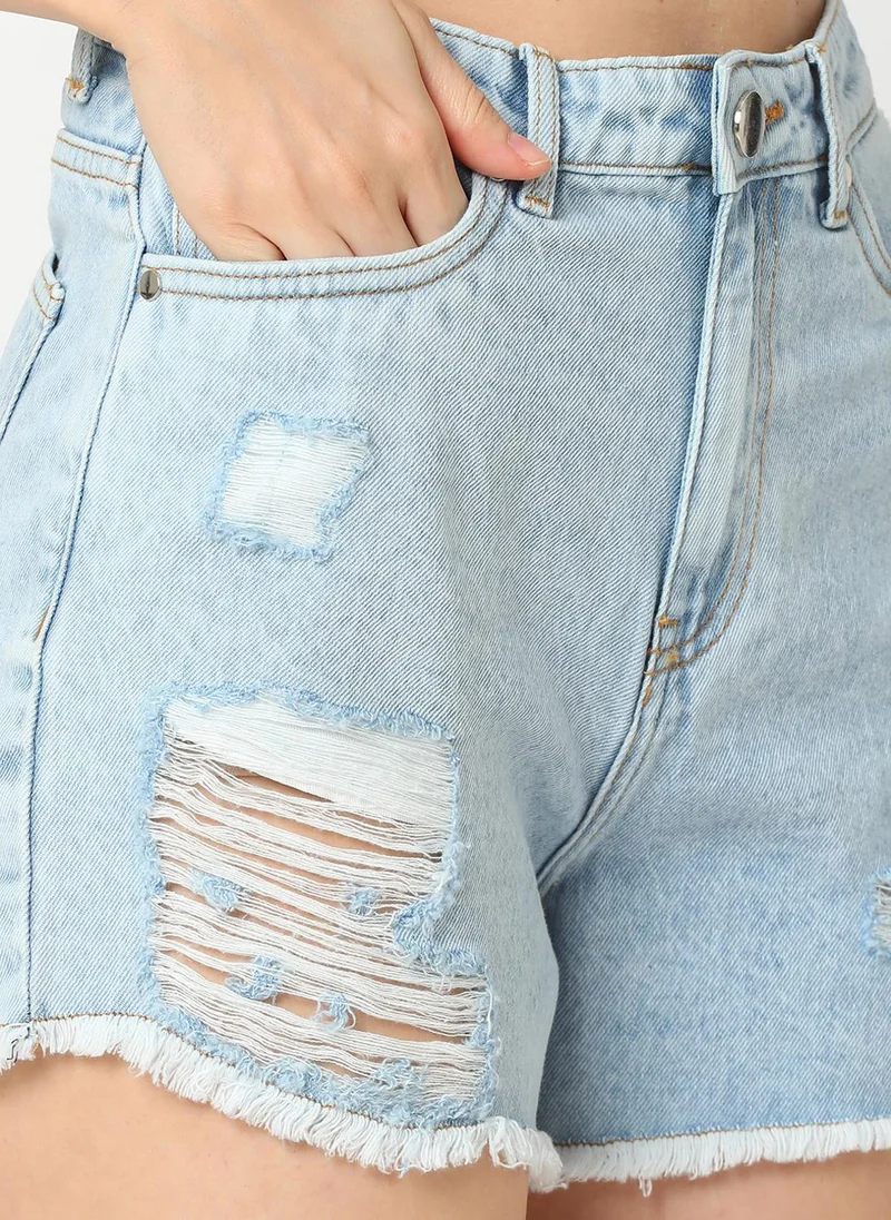 globus Globus Women Mid Rise Washed Distressed Denim Shorts