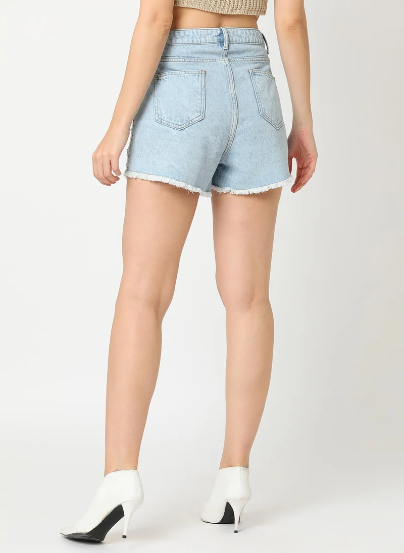 globus Globus Women Mid Rise Washed Distressed Denim Shorts