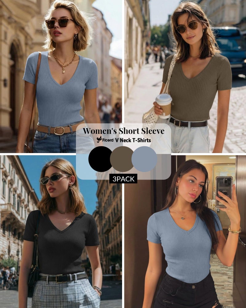 Ficerd 3 Pack Women's Short Sleeve Cotton T-Shirts V Neck Ribbed Slim Fit Tops Ladies' Casual Summer Basic Tee(Black, Light Haze Blue, Olive Khaki,Medium) - Image 2
