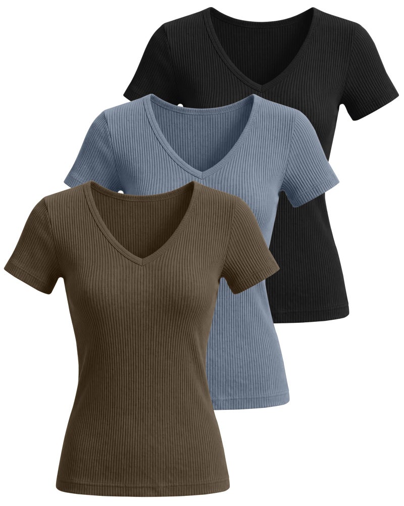 Ficerd 3 Pack Women's Short Sleeve Cotton T-Shirts V Neck Ribbed Slim Fit Tops Ladies' Casual Summer Basic Tee(Black, Light Haze Blue, Olive Khaki,Medium) - Image 3