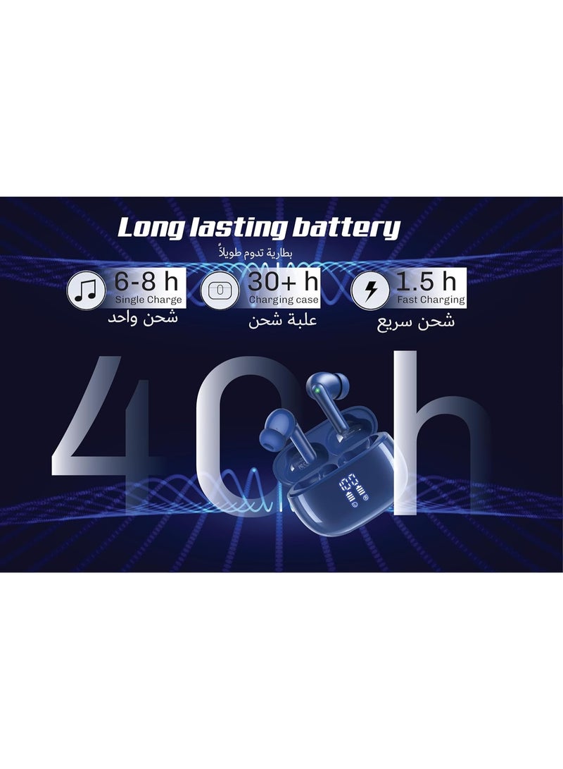 سماعات أذن بلوتوث لاسلكية بخاصية إلغاء الضوضاء النشط، 40 ساعة تشغيل، شاشة LED، صوت بيس عميق، أبيض - Image 2