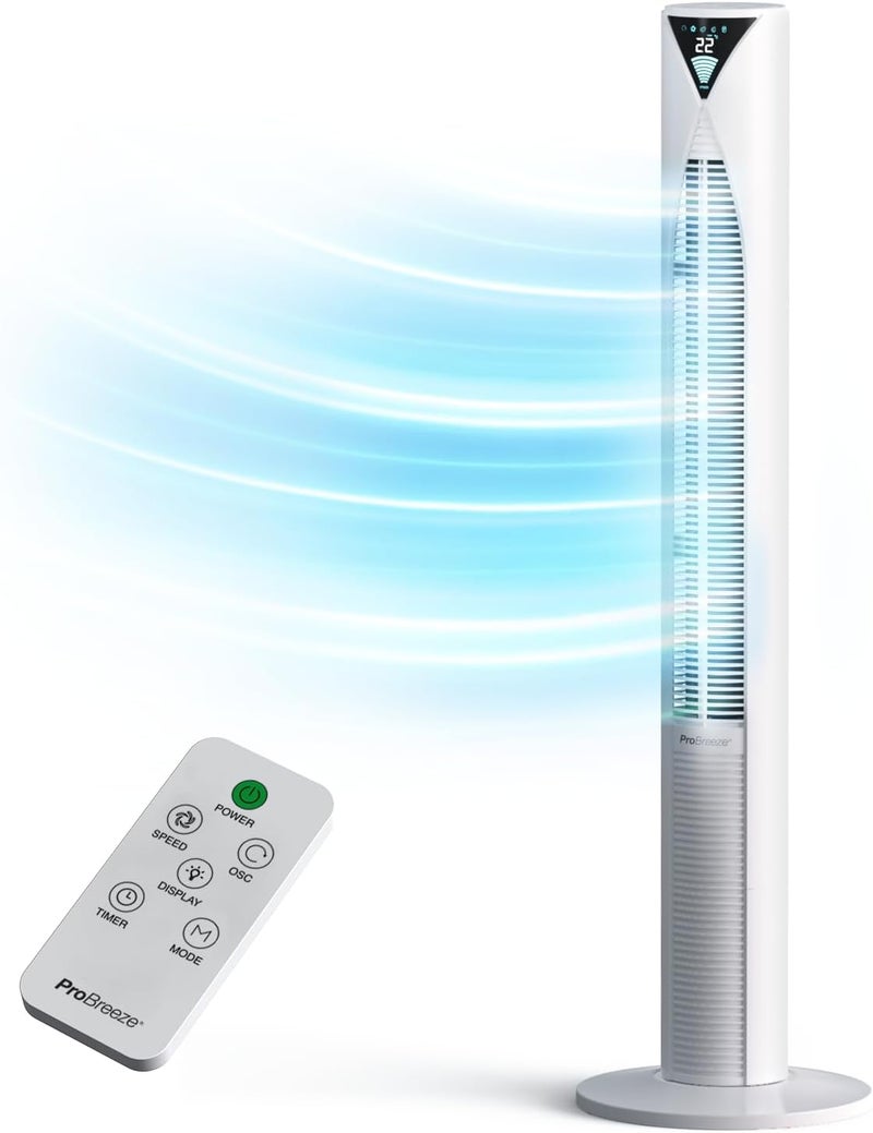 Pro Breeze 46" Oscillating Tower Fan with Remote, Floor Standing Fan Oscillating 70° - Powerful Quiet 45W Portable Fan for Bedroom, 3 Speed, 4 Modes, 12hr Timer - Bladeless Tower Fans for Room (White) - Image 1